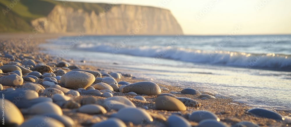 Poster Beach scene with smooth pebbles in foreground and gentle waves lapping at shore, cliffs visible in background, soft sunlight illuminating landscape, Copy Space