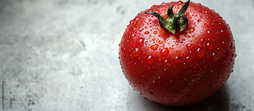 Poster Fresh ripe red tomato with water droplets on textured surface with copy space for text