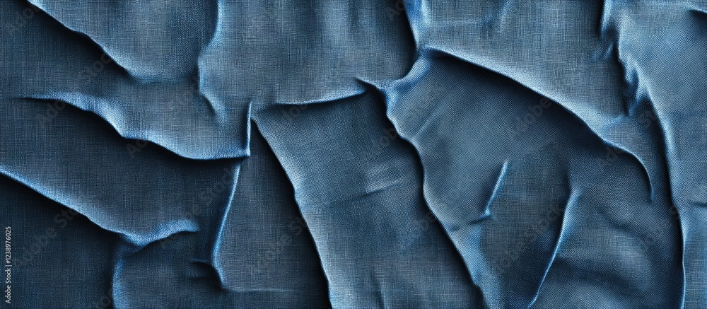 Poster wrinkled blue denim fabric texture background with natural creases and folds for design use copy spa