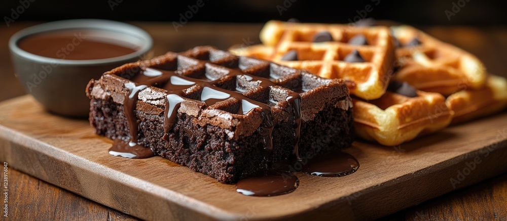 Aufkleber Chocolate brownie topped with chocolate sauce served with waffles on a wooden cutting board with a bowl of chocolate sauce on the side Copy Space