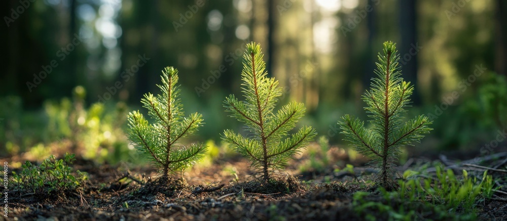 Aufkleber small conifer saplings growing on forest floor with sunlight filtering through trees and green folia
