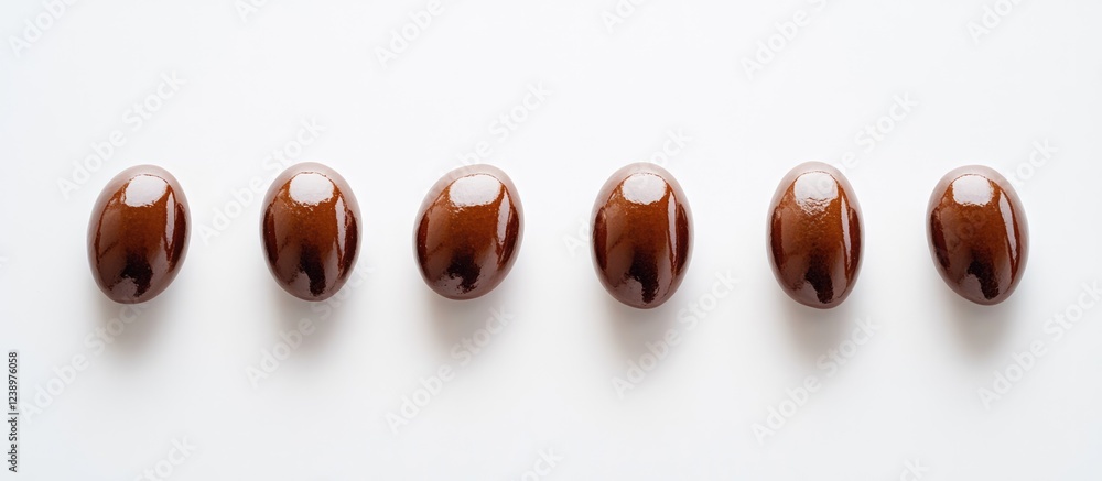 Aufkleber Brown chocolate candies arranged in a line on a white background with glossy finish and copy space for text placement