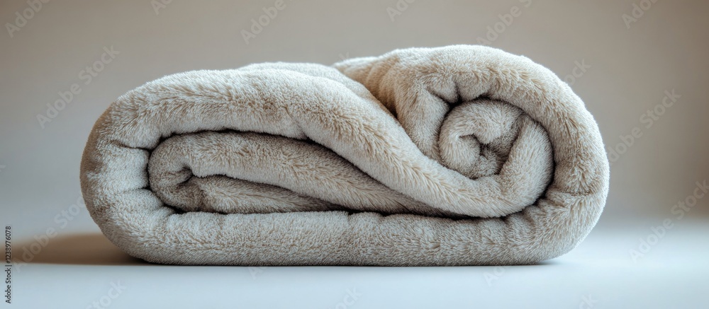 Poster rolled soft beige blanket on a neutral background with copy space for text insertion. warm textile f