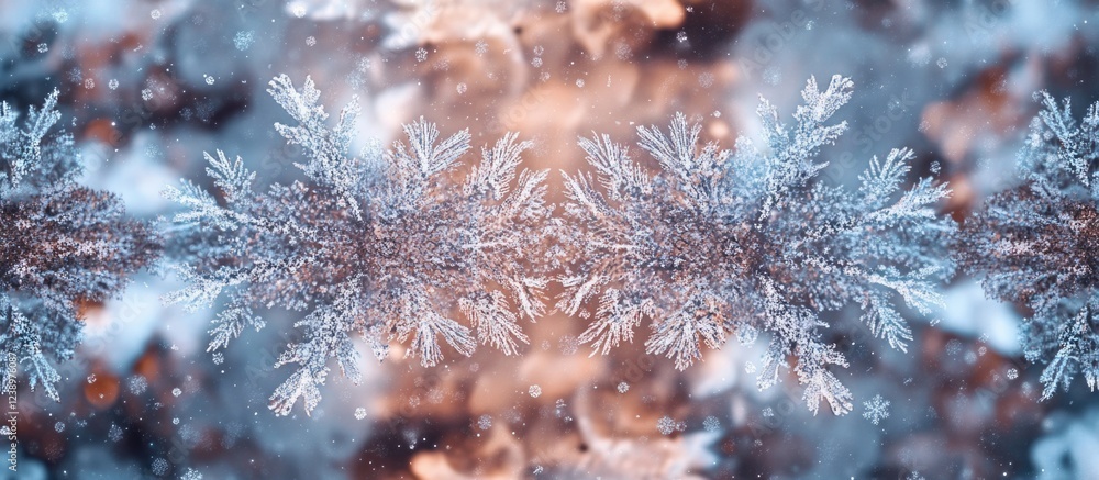 Poster Frosted branches and snowflakes on a blurred winter background with warm tones and snowfall Copy Space