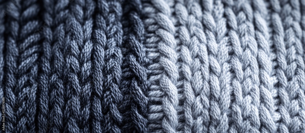 Poster Detailed close-up of knitted fabric showcasing various shades of gray with intricate patterns and textures Copy Space