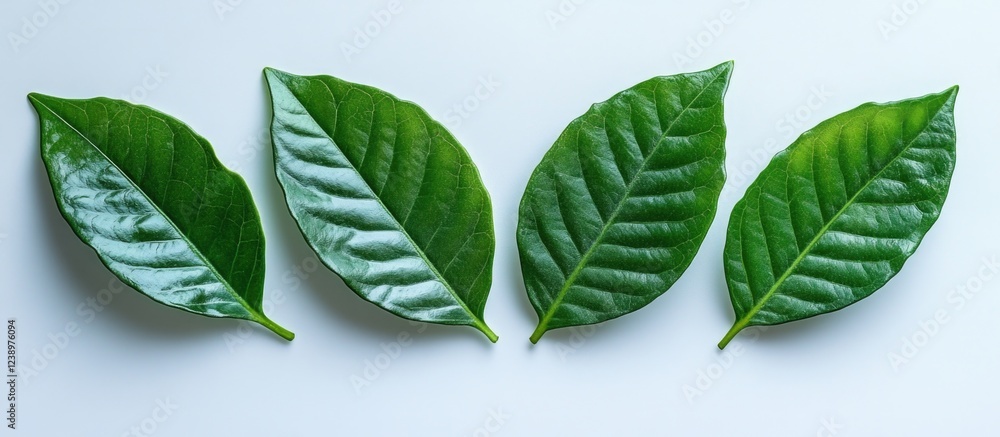 Poster Green leaves arranged in a line on a light background showcasing different textures and shades of green with Copy Space