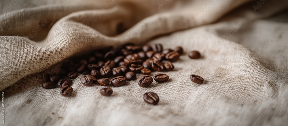 Aufkleber coffee beans scattered on textured burlap fabric background with soft folds and natural lighting. co