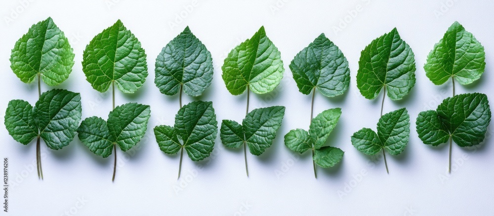 Poster arrangement of fresh green leaves of various sizes isolated on white background with copy space
