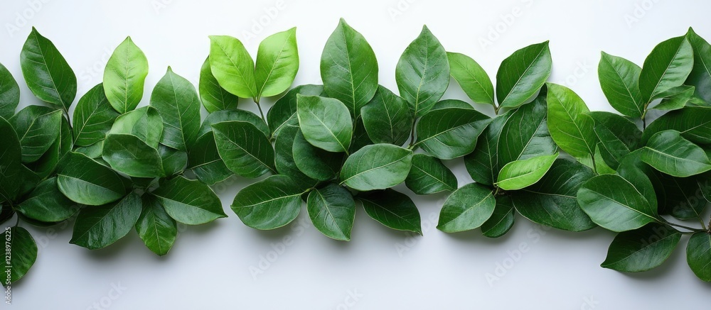 Aufkleber Fresh green leaves arranged in a horizontal line on a white background with ample copy space for text placement.