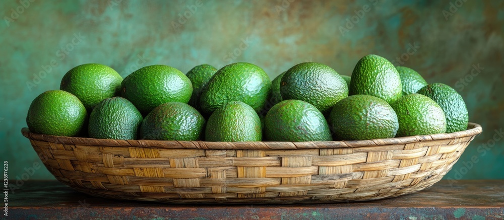 Poster fresh avocados in a wicker basket with textured background and natural lighting copy space