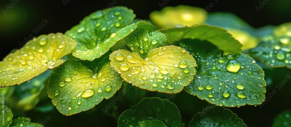 Poster close-up of green and yellow leaves covered in water droplets with dark background and ample copy sp