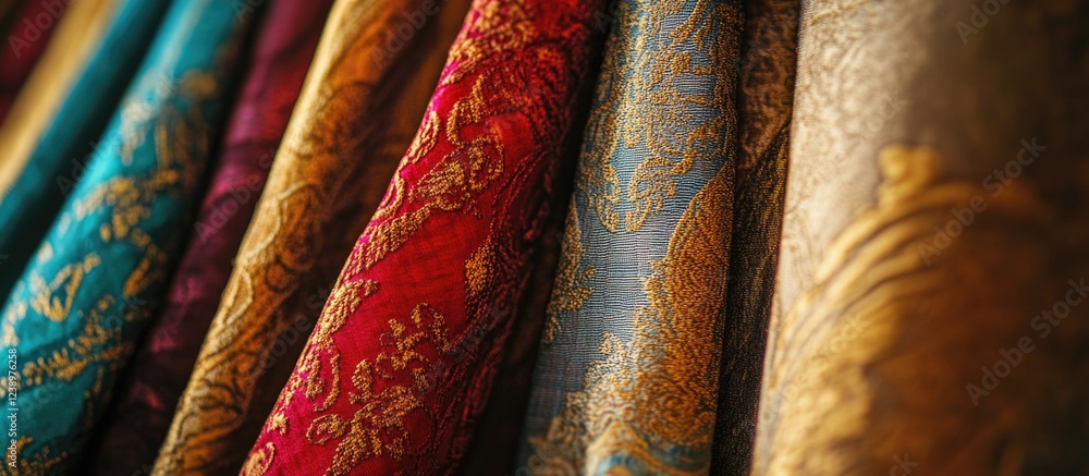 Aufkleber Colorful textured fabric rolls with intricate patterns displayed in a row suitable for textile design Copy Space