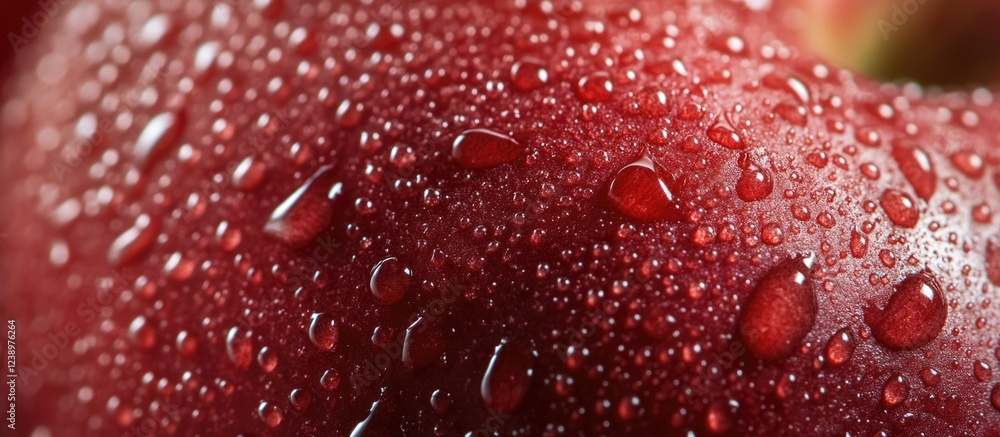 Poster close-up of a red apple with water droplets on its surface, showcasing texture and freshness, ideal 