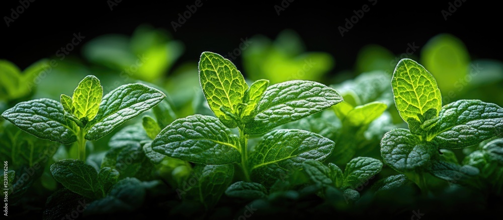 Poster close-up view of vibrant green mint leaves illuminated with natural light against a dark background 