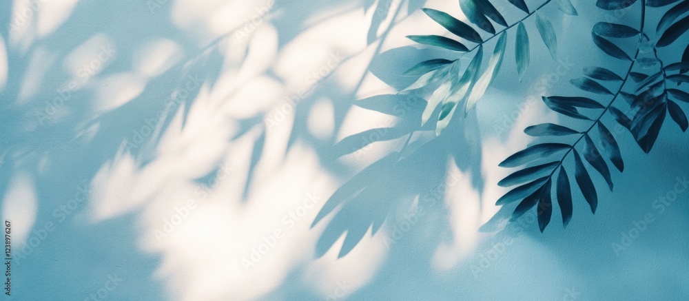 Poster Shadows of green leaves on a soft blue background with light patterns and Copy Space for text placement