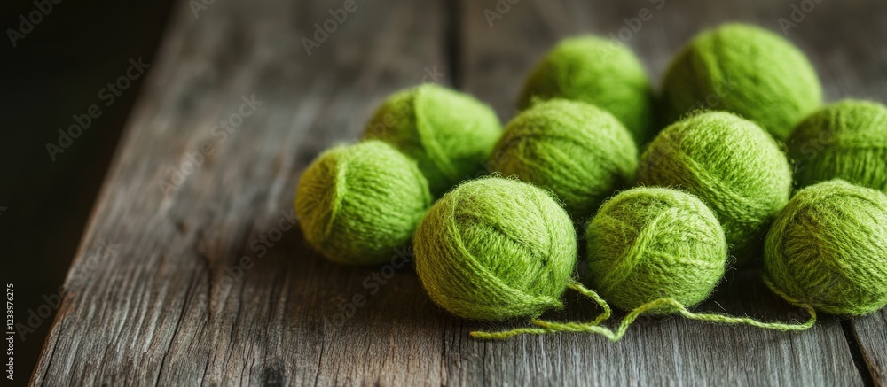 Poster green yarn balls on a rustic wooden surface with natural lighting and soft focus. copy space availab