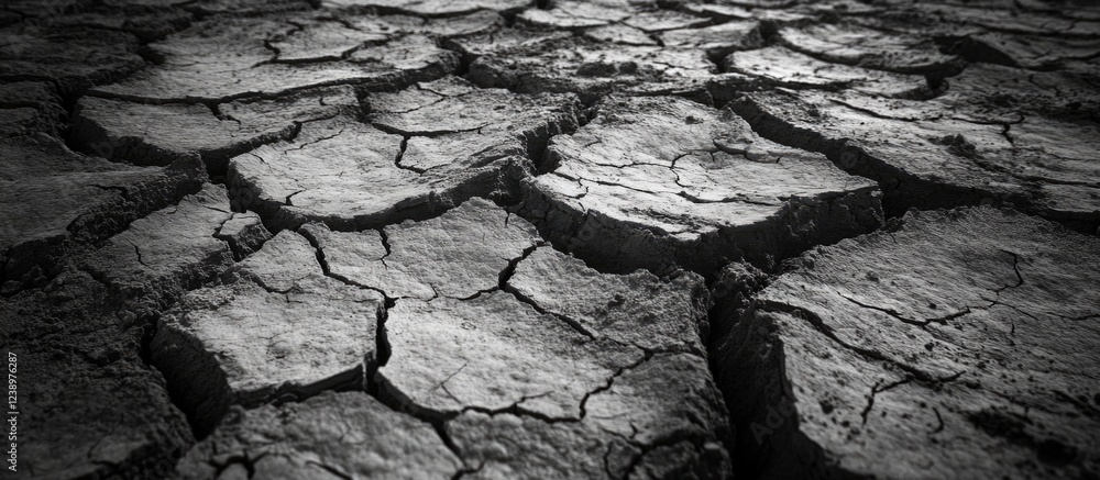 Poster dry cracked earth surface texture in black and white copys space for text or graphics