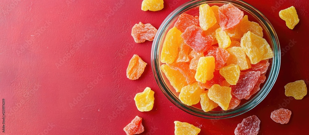 Poster colorful gummy candy pieces in a glass bowl on a red background with some scattered pieces and copy 