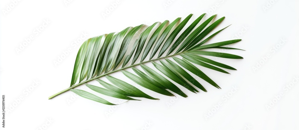 Poster Green palm leaf on a white background with ample copy space for text placement