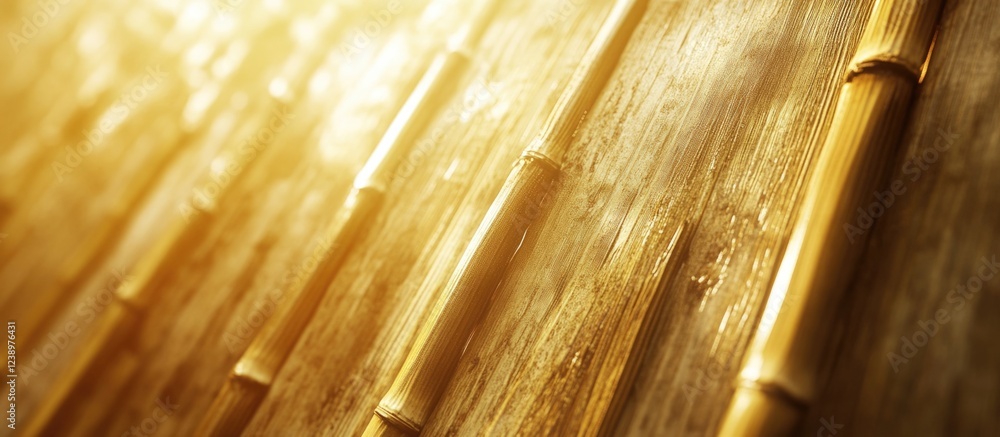 Poster Close-up of bamboo stalks with warm sunlight casting soft shadows and reflections on a textured wooden surface with Copy Space