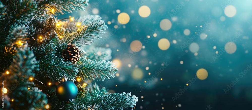 Poster Christmas tree close-up with ornaments and lights on a festive blue background with bokeh effects and snowflakes Copy Space