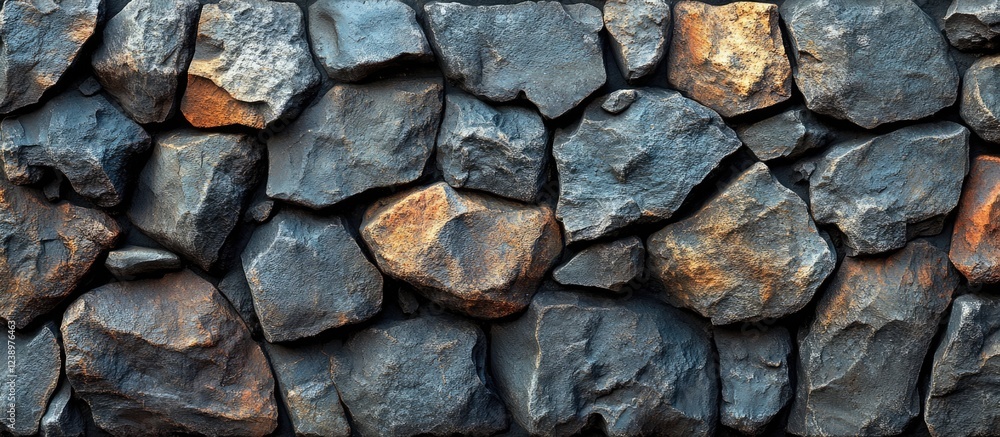 Poster textured background of unevenly shaped gray and brown stone wall with varying sizes and colors, deta