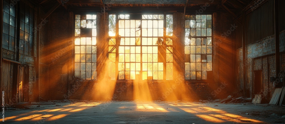 Poster abandoned industrial space with large windows illuminating dust particles with warm sunlight rays in