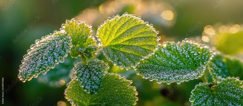 Poster Close-up of dew-covered green leaves with intricate textures and bokeh background in soft sunlight Copy Space