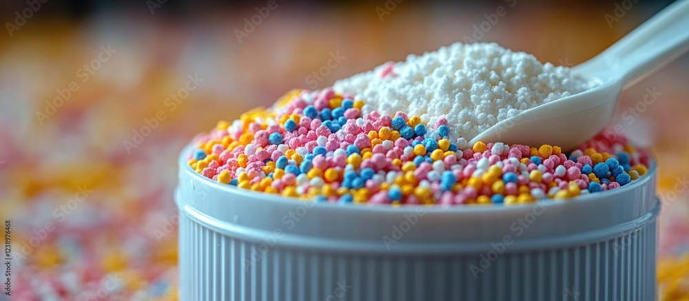 Poster colorful edible sprinkles in a container with a white scoop capturing a variety of vibrant colors ag