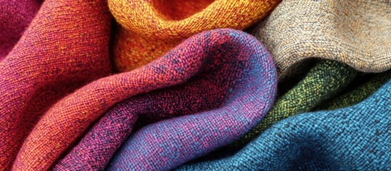 Colorful textured fabric layers with rich hues of purple, blue, green, orange, and gold showcasing textile patterns and fibers Copy Space