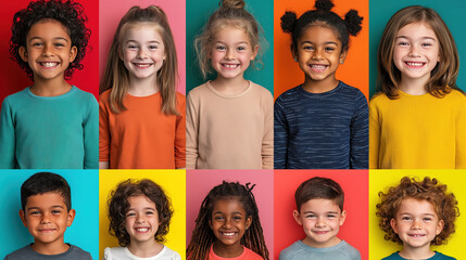 A diverse group of children showcases their cheerful smiles in a vibrant, playful studio setting with multicolored backgrounds