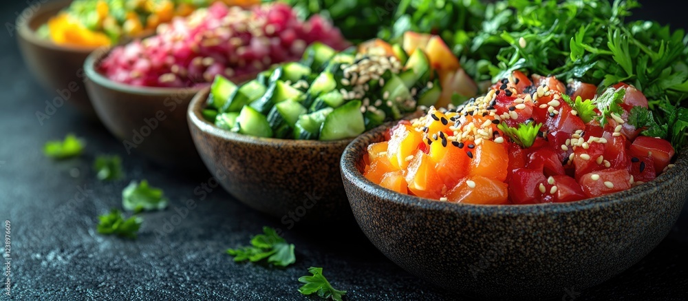 Poster colorful bowls of fresh chopped vegetables and herbs on dark background with copy space for text pla