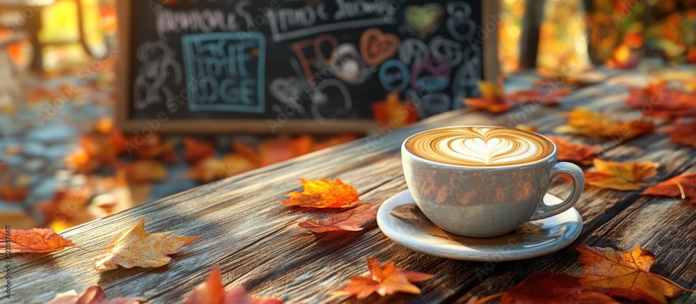 Poster coffee cup with heart-shaped latte art on wooden table surrounded by autumn leaves and chalkboard in