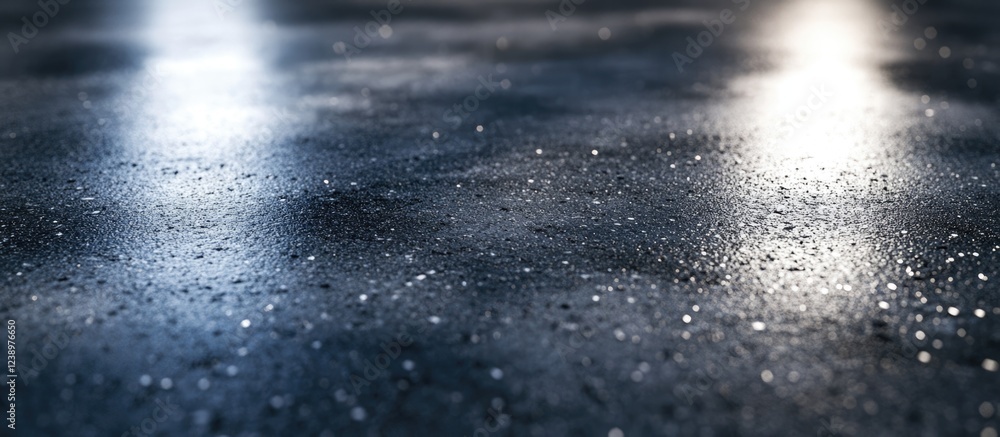 Aufkleber Glossy wet floor surface with reflections and sparkling droplets of water in a dark setting Copy Space