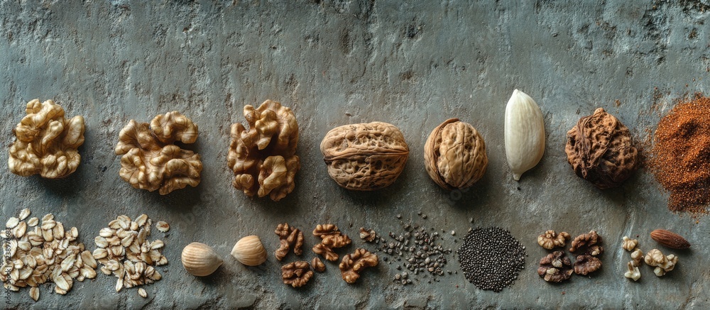 Leinwandbilder assorted nuts seeds and grains arranged on stone surface with copy space for text