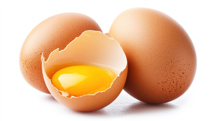 Two brown eggs, with one showing a bright yellow yolk, placed on a clean white surface, emphasizing freshness and quality