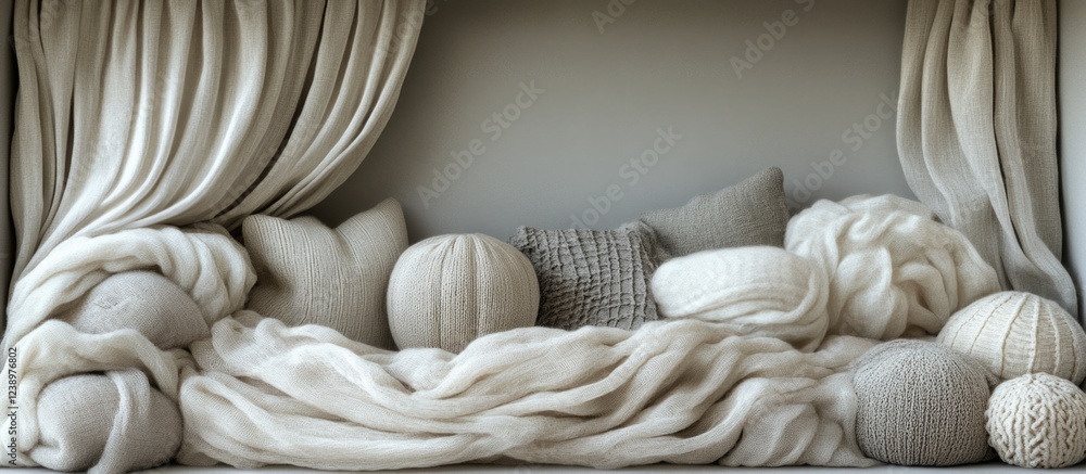 Aufkleber Cozy arrangement of knitted pillows and blankets in neutral tones on a soft background with Copy Space for text placement.