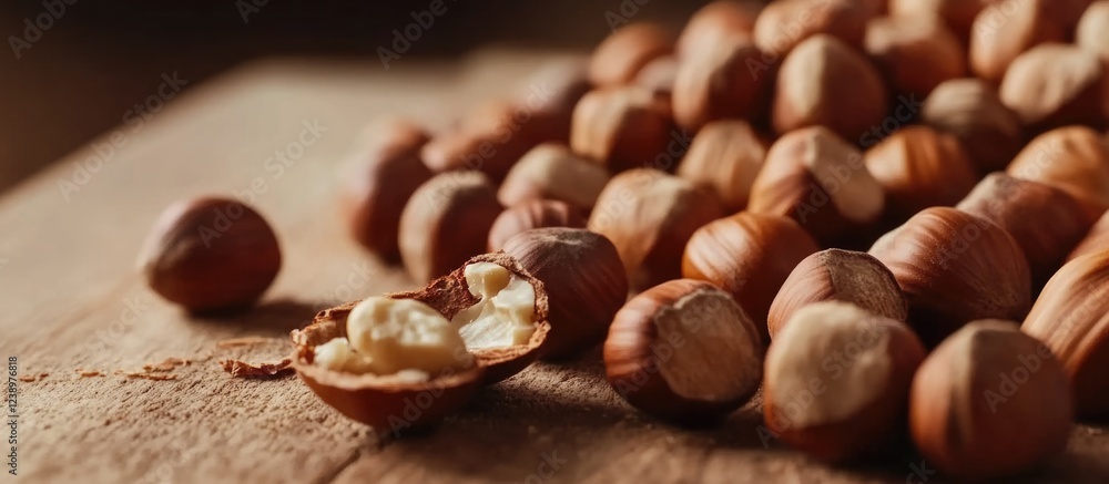 Poster hazelnuts on wooden surface with one nut cracked open showing the kernel indoors natural light copy 