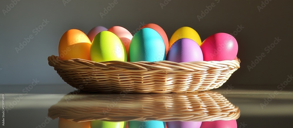 Poster colorful easter eggs in a woven basket on a reflective surface with dark background and copy space.