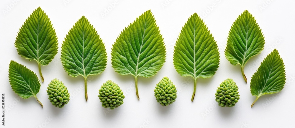 Poster Green leaves and buds arranged in a linear pattern on a white background with ample copy space for text insertion.