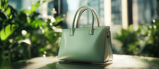 Elegant mint green leather handbag displayed on a surface with blurred greenery and modern architecture in the background Copy Space