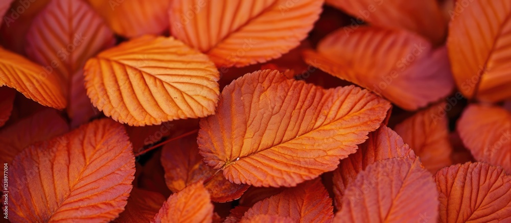 Poster vibrant orange leaves in various sizes and shapes arranged closely together on a natural background 