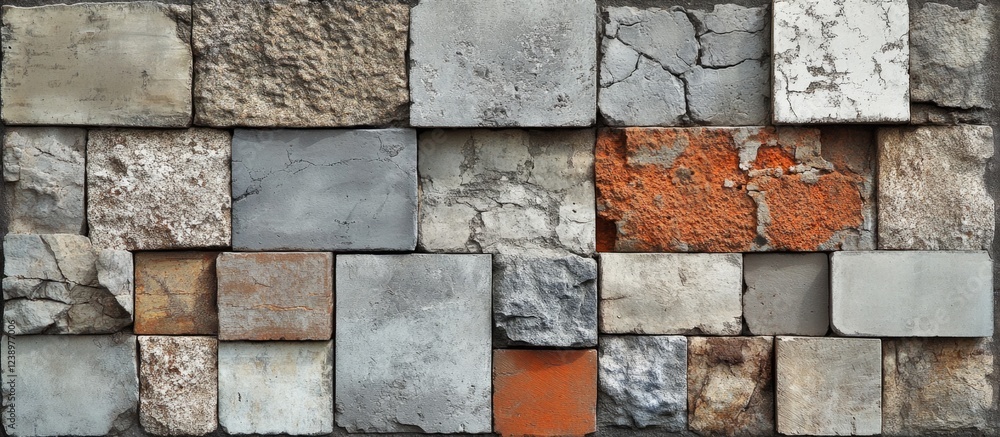 Poster textured wall composed of various stone and concrete bricks in different colors and finishes with we