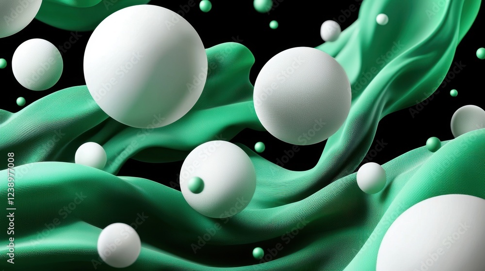 Poster abstract green waves with floating white spheres creating a dynamic composition