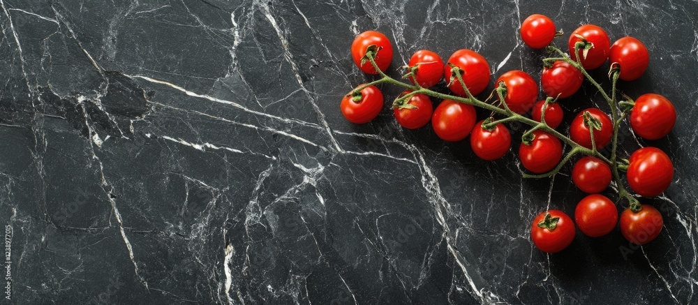 Aufkleber fresh cherry tomatoes on a dark marble background with ample space for copy space.