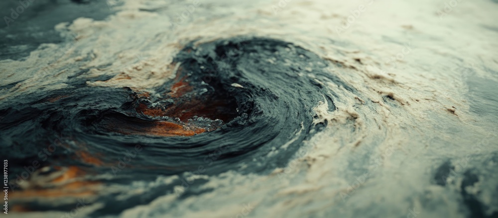 Poster Swirling patterns of dark water with lighter foamy textures and hints of orange tones creating an abstract background with Copy Space