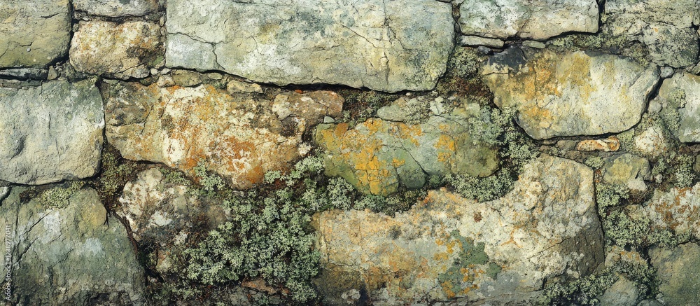 Aufkleber textured stone wall with moss and lichen growth natural surface background with earthy colors and ru