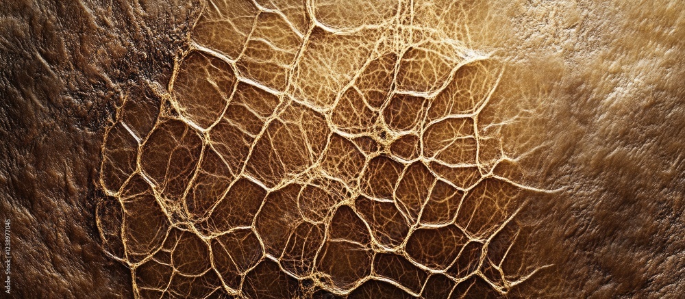 Poster Close-up detailed texture of natural leather surface with intricate web-like pattern in warm brown tones Copy Space