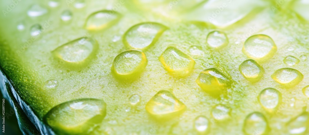 Aufkleber Close-up of cucumber slice with water droplets on surface showing texture and freshness for food backgrounds and health concepts Copy Space