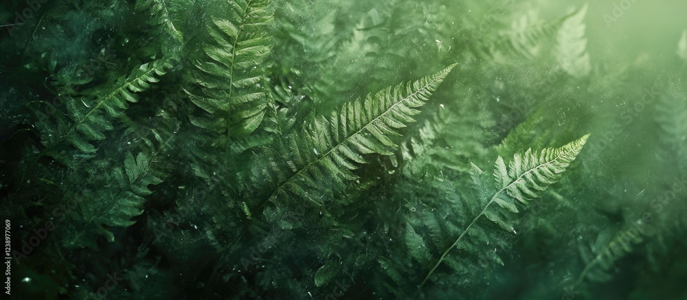 Poster Dense lush ferns in green backdrop with light filtering through foliage creating a natural texture and depth Copy Space